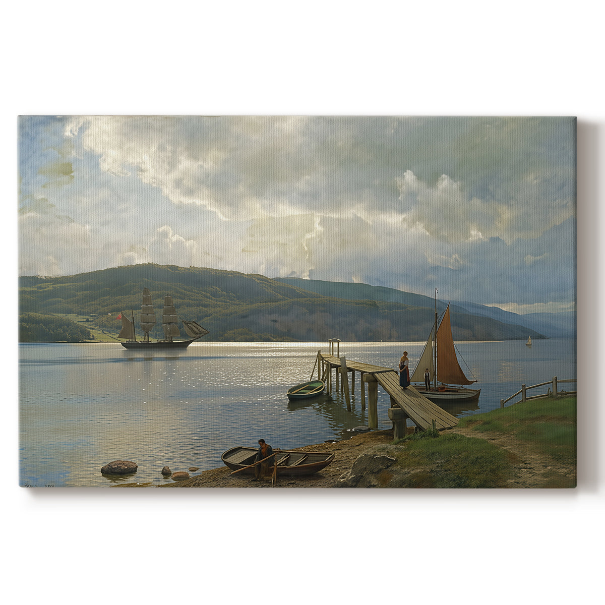 Canvas art print portraying a wooden jetty extending into calm water with boats nearby, set against a white background