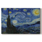 Canvas art print portraying a swirling night sky over village with bright stars, moon, and tall cypress, set against a white background
