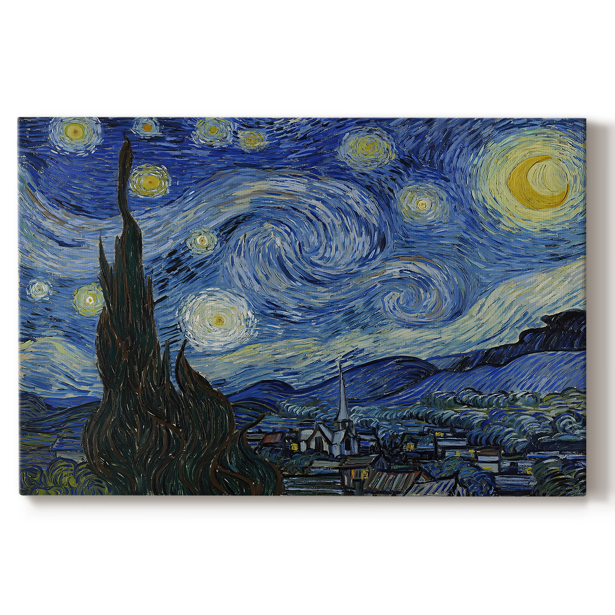 Canvas art print portraying a swirling night sky over village with bright stars, moon, and tall cypress, set against a white background