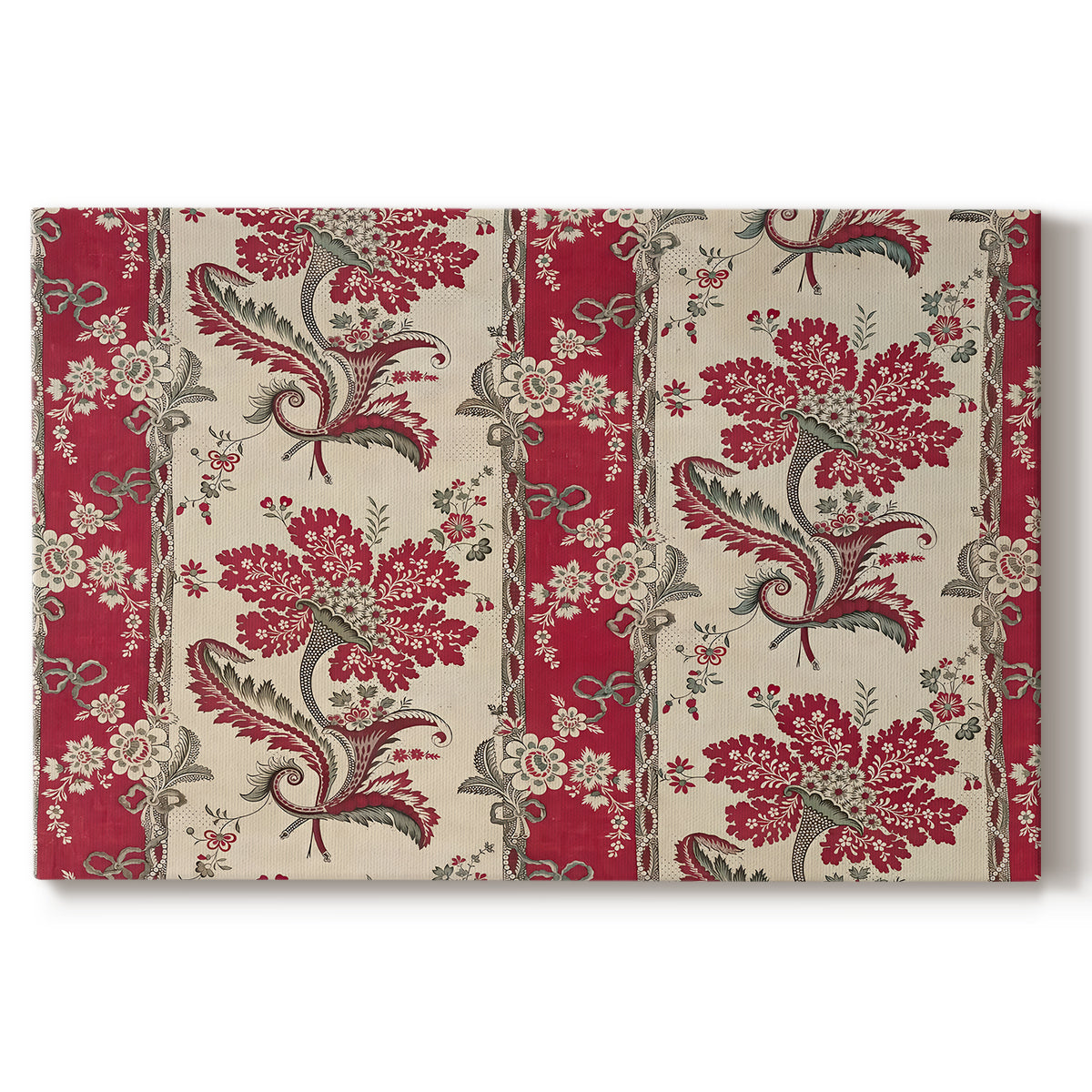 Canvas art print portraying a repeating pattern with floral arrangements emerging from horn-shaped forms, set against a white background
