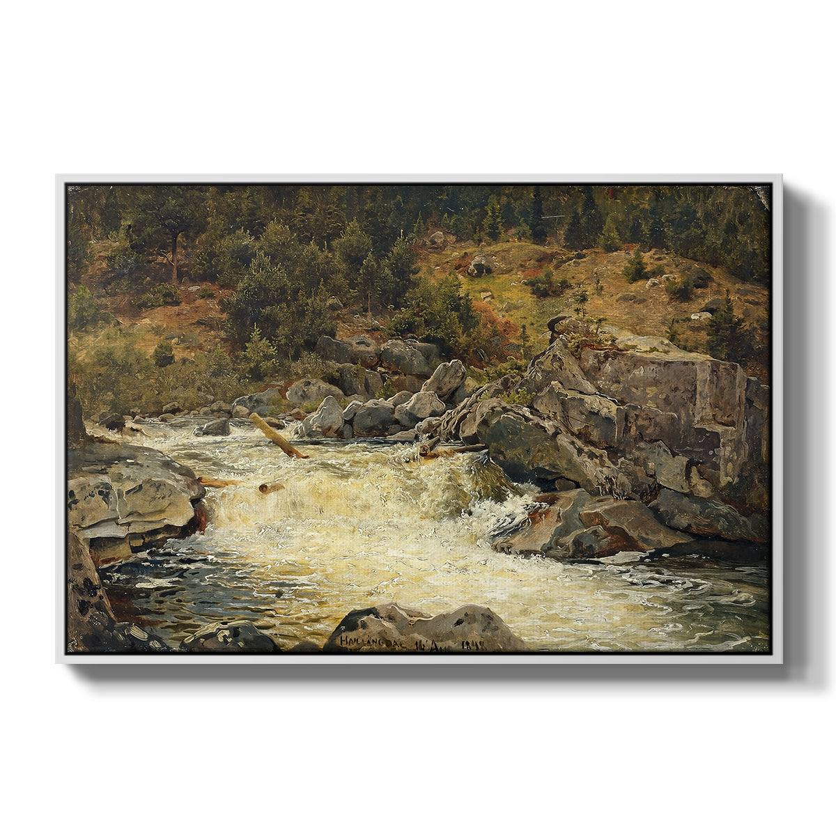 Waterfall in Hallingdal, 1848 - Floater Framed Canvas Print