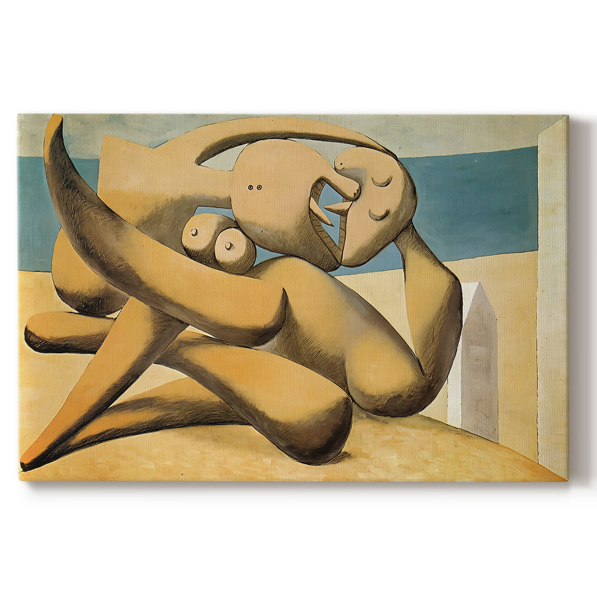 Canvas art print portraying abstracted figures embracing near shoreline, set against a white background