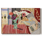 Canvas art print portraying a seated woman beside vase of anemones in richly patterned interior, set against a white background