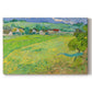 Canvas art print portraying a rolling hillside landscape with houses and fields under wide sky, set against a white background