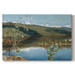 Canvas art print portraying a dramatic landscape with dark thunderclouds forming over distant water and hills, set against a white background