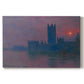 Canvas art print portraying a silhouette of Parliament buildings against glowing sunset across river, set against a white background