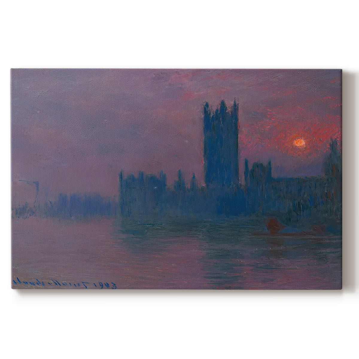 Canvas art print portraying a silhouette of Parliament buildings against glowing sunset across river, set against a white background