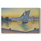 Canvas art print portraying a harbor glowing at sunset with boats in water, set against a white background