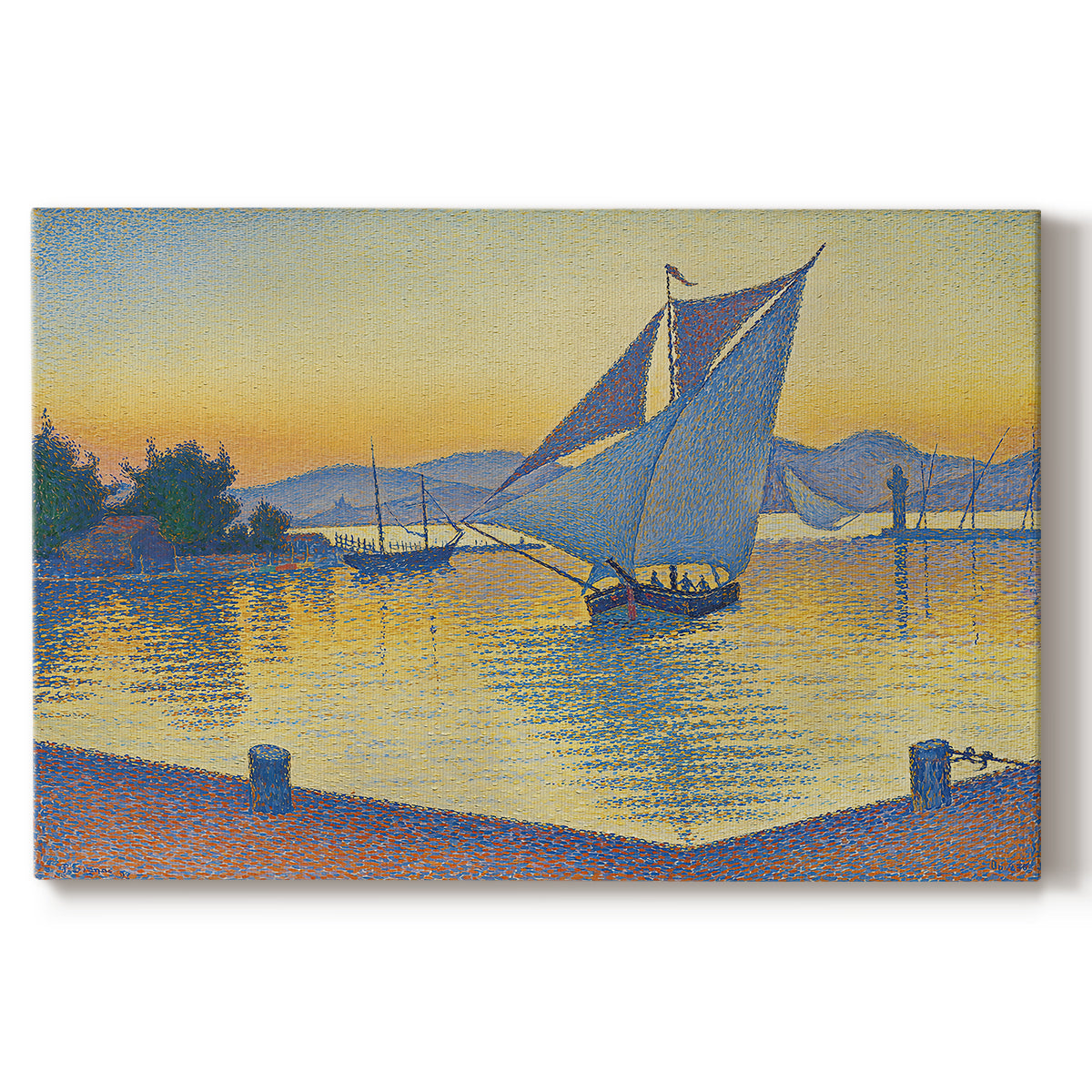 Canvas art print portraying a harbor glowing at sunset with boats in water, set against a white background
