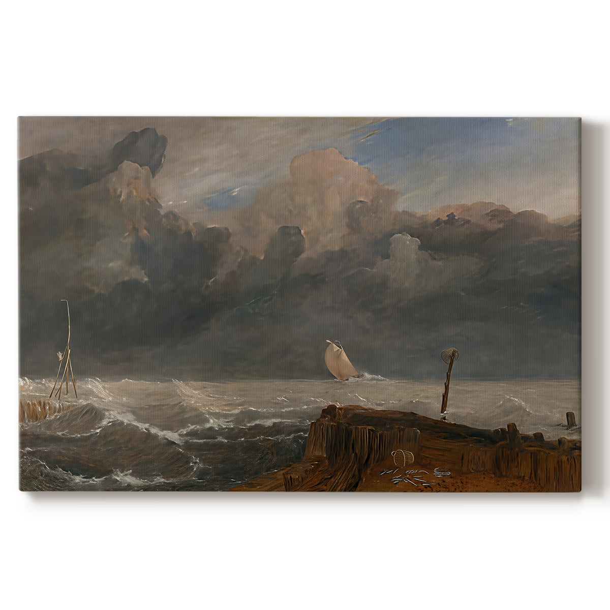 Canvas art print portraying a harbor scene with boats and waterfront structures, set against a white background