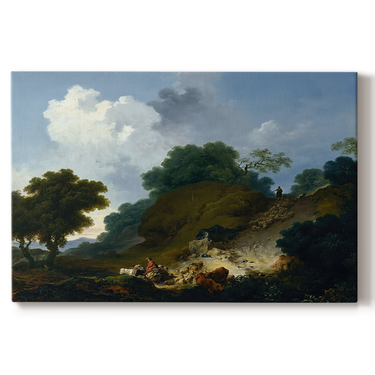 Canvas art print portraying shepherds tending flock of sheep in open pastoral landscape, set against a white background