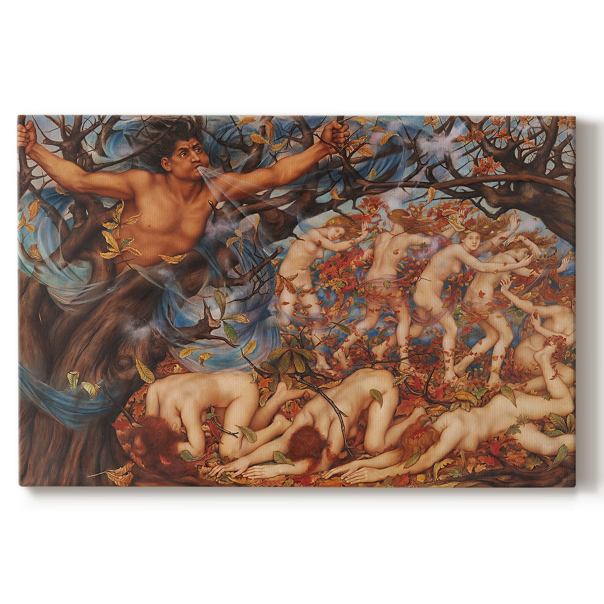 Canvas art print portraying swirling figures carried by wind among falling leaves in dynamic composition, set against a white background