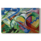 Canvas art print portraying abstracted sheep forms integrated into colorful geometric landscape, set against a white background