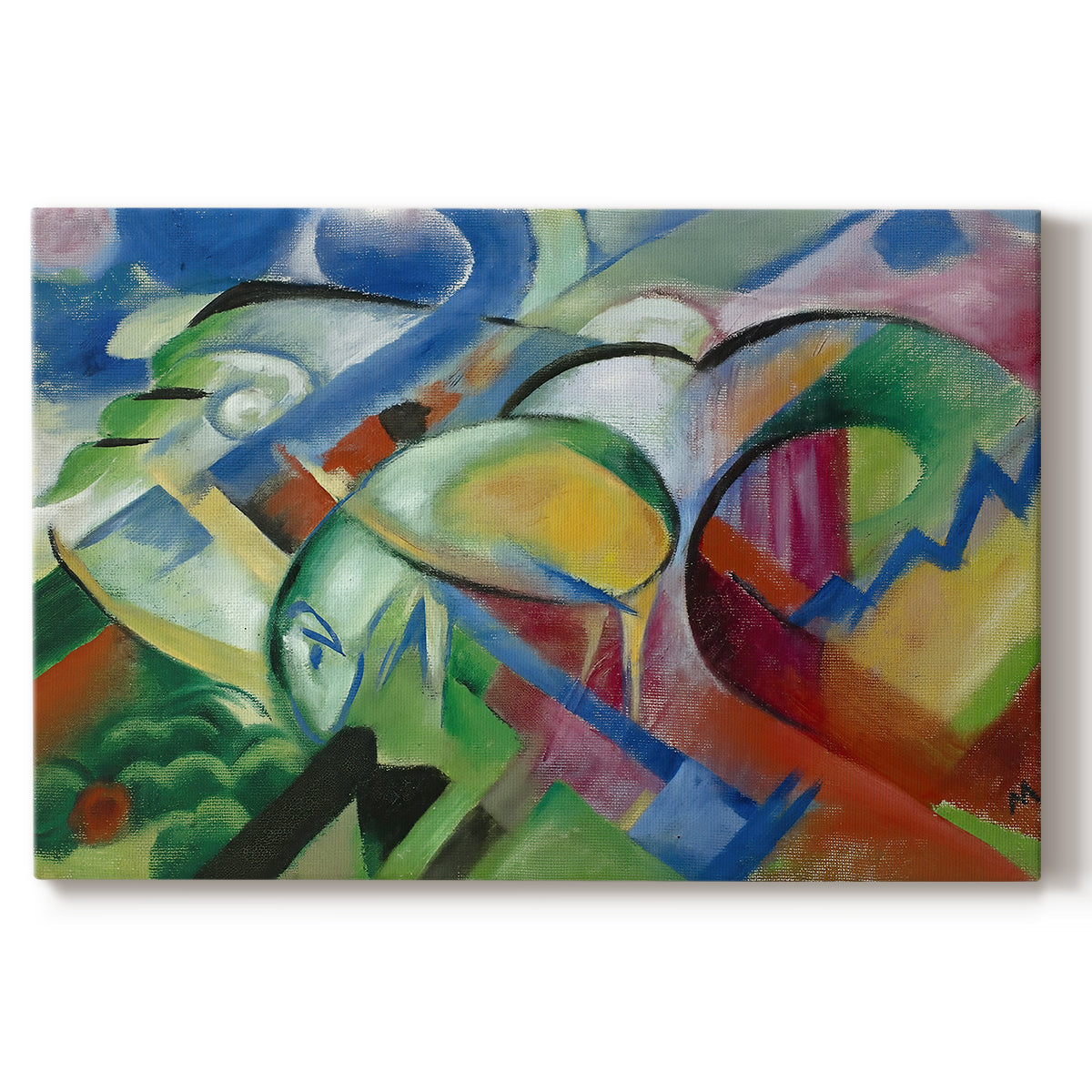 Canvas art print portraying abstracted sheep forms integrated into colorful geometric landscape, set against a white background