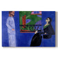 Canvas art print portraying two figures standing in an interior with strong contrasting colors, set against a white background