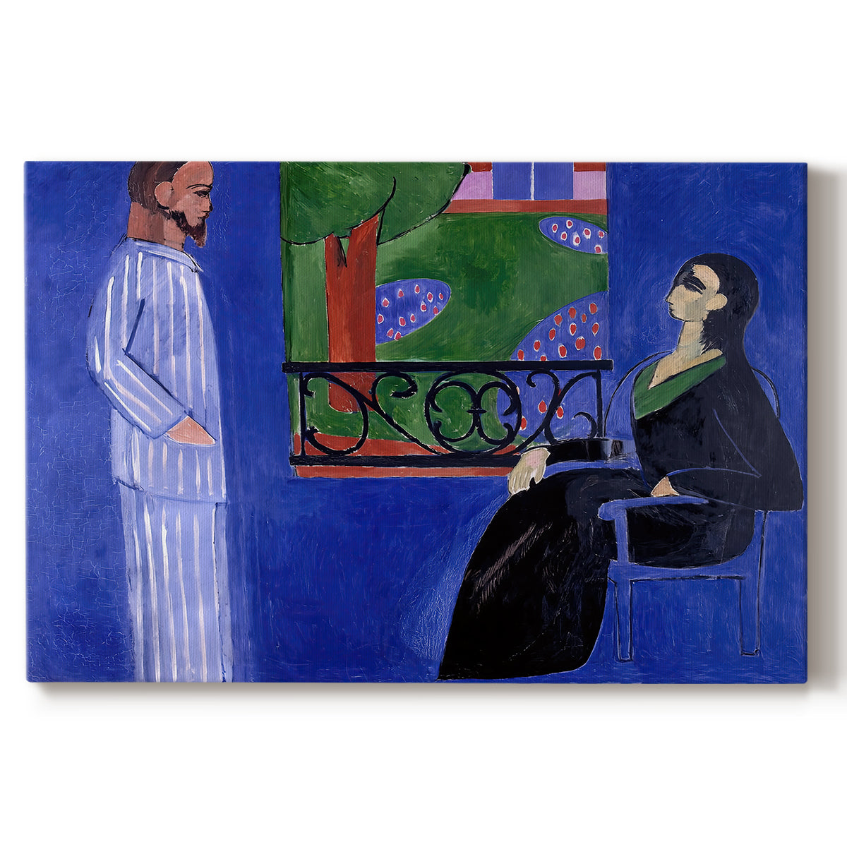 Canvas art print portraying two figures standing in an interior with strong contrasting colors, set against a white background