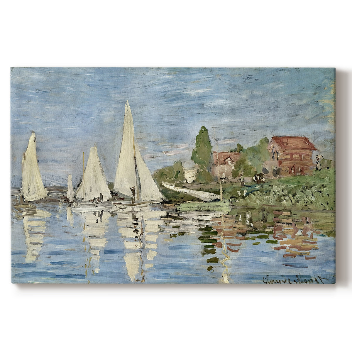 Canvas art print portraying colorful sailboats racing across river under bright sky, set against a white background