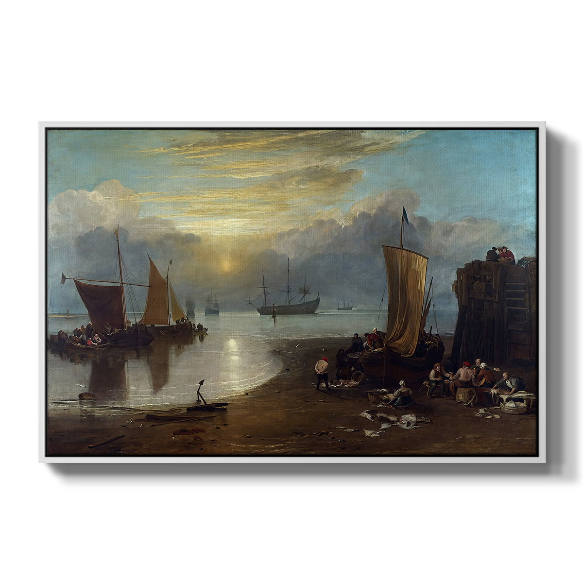 Sun Rising through Vapour: Fishermen Cleaning and Selling Fish, c. 1807 - Floater Framed Canvas Print