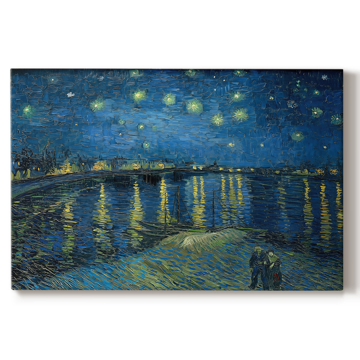 Canvas art print portraying a night scene with glowing stars reflected in river beside illuminated town, set against a white background