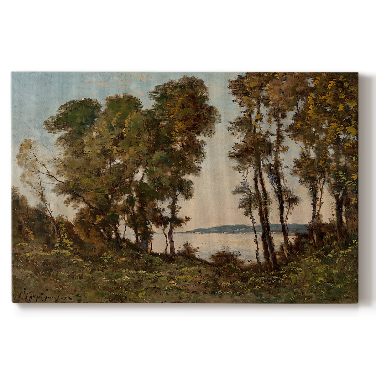 Canvas art print portraying a riverbank lined with trees and vegetation beside calm flowing water, set against a white background