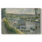 Canvas art print portraying a floating wash-house boat along a riverbank with figures working nearby, set against a white background