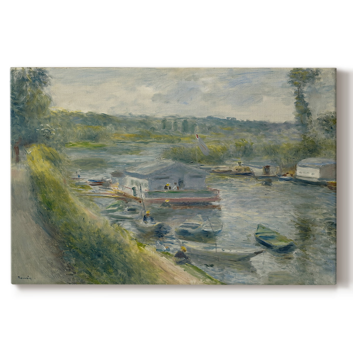 Canvas art print portraying a floating wash-house boat along a riverbank with figures working nearby, set against a white background