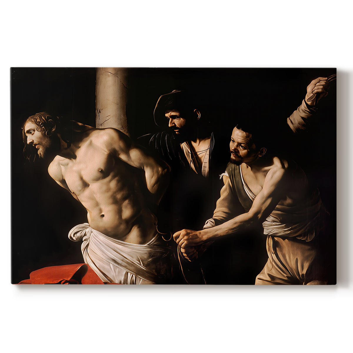 Canvas art print portraying Christ bound to column while being whipped by surrounding figures, set against a white background