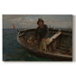 Canvas art print portraying fishermen working from small boat on open water near shore, set against a white background
