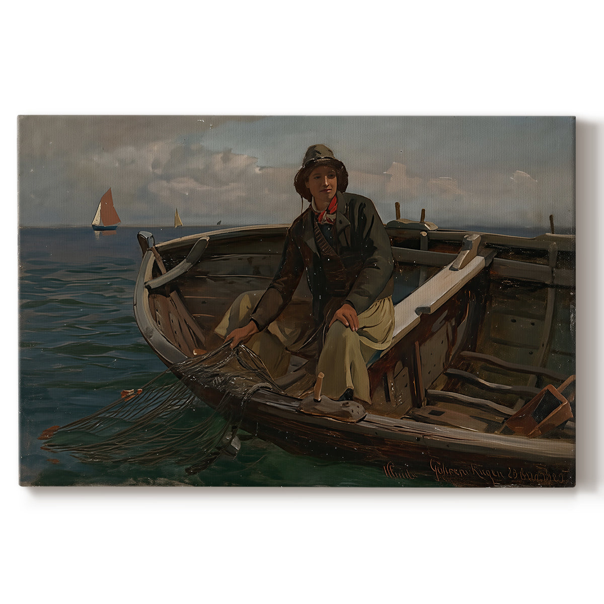 Canvas art print portraying fishermen working from small boat on open water near shore, set against a white background