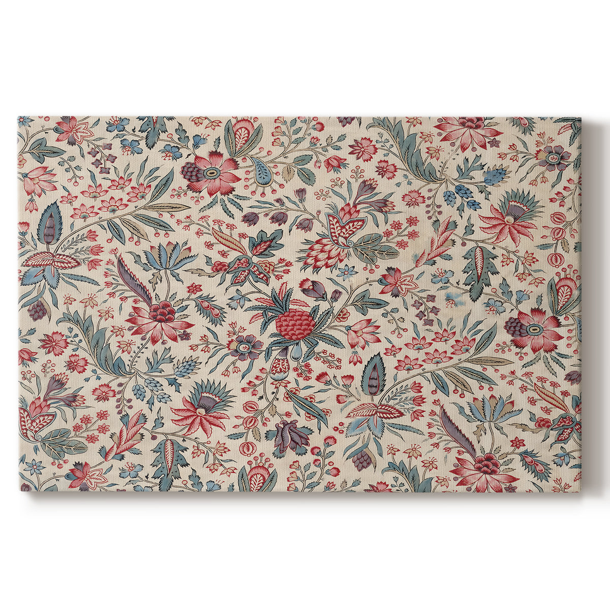 Canvas art print portraying a repeating floral and botanical pattern with intricate detailing on cream background, set against a white background