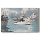 Canvas art print portraying small boats anchored in shallow water with shoreline in background, set against a white background
