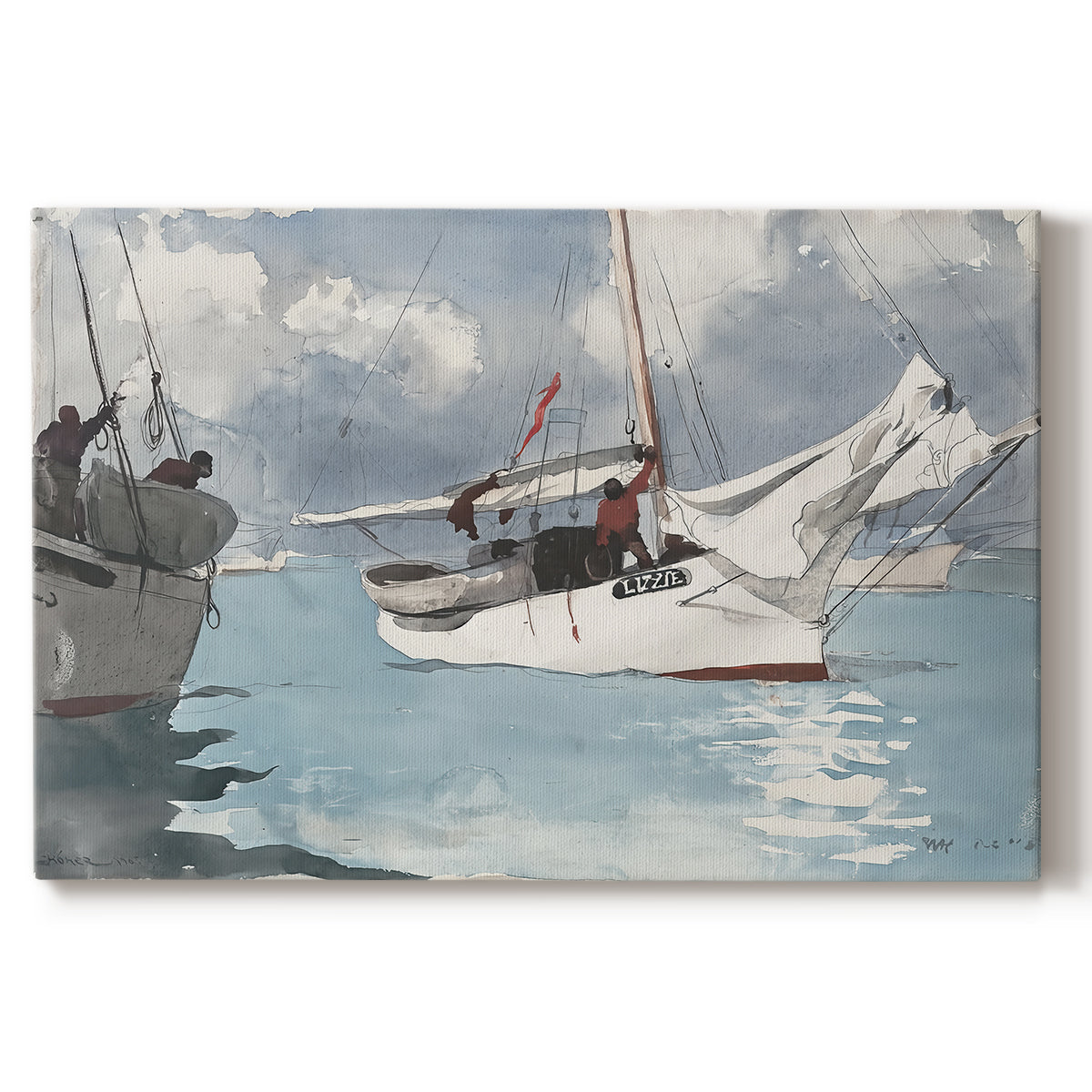 Canvas art print portraying small boats anchored in shallow water with shoreline in background, set against a white background