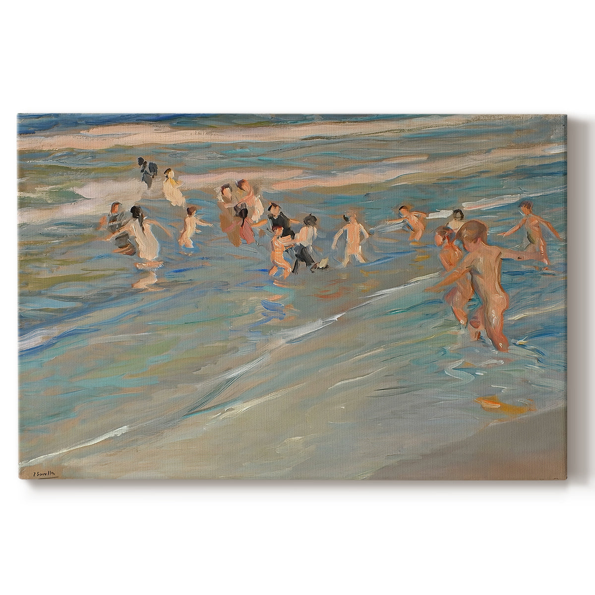 Canvas art print portraying children playing along shoreline with waves and wet sand, set against a white background