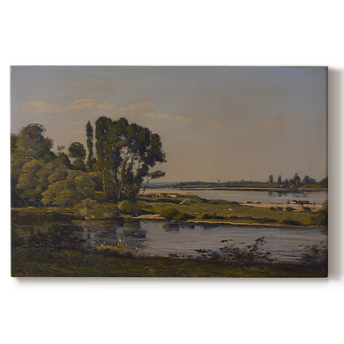Canvas art print portraying a calm river winding through countryside with trees and open sky, set against a white background