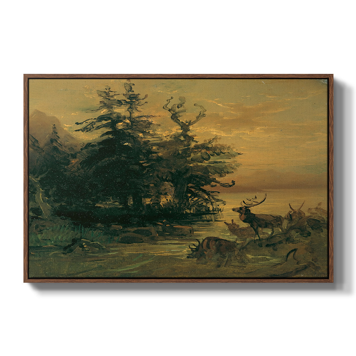Wallowing Deer on the Shore of a Mountain Lake, c. 1850 - Floater Framed Canvas Print