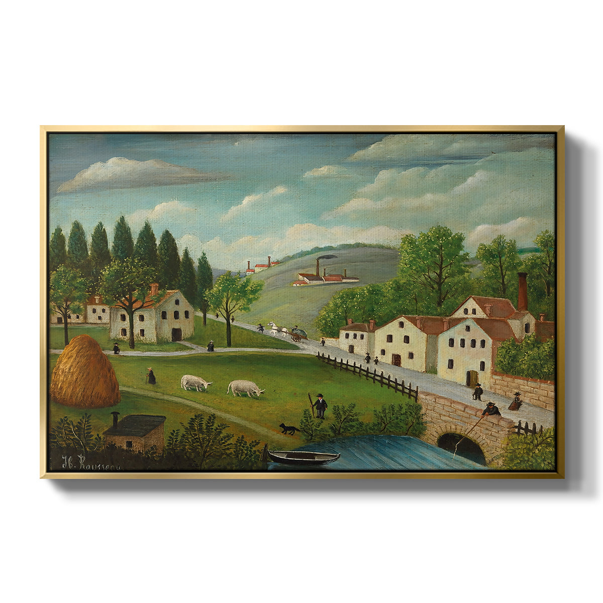 Pastoral Landscape with Stream, Fisherman and Strollers, 1875-1880 - Floater Framed Canvas Print