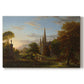 Canvas art print portraying figures approaching settlement within expansive landscape under warm light, set against a white background