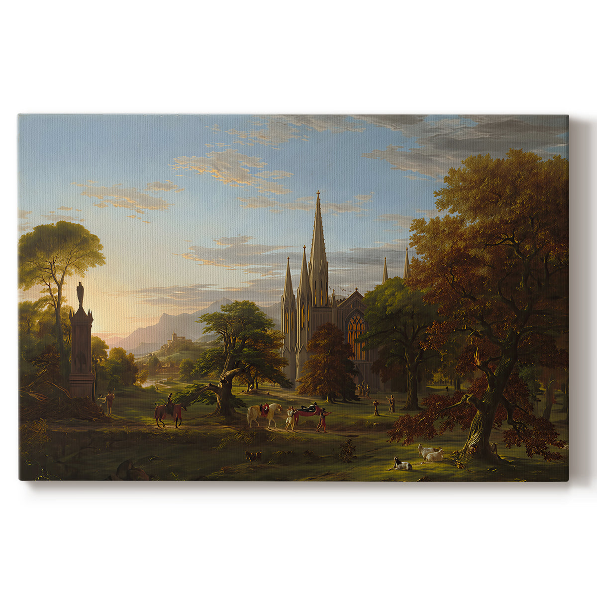Canvas art print portraying figures approaching settlement within expansive landscape under warm light, set against a white background