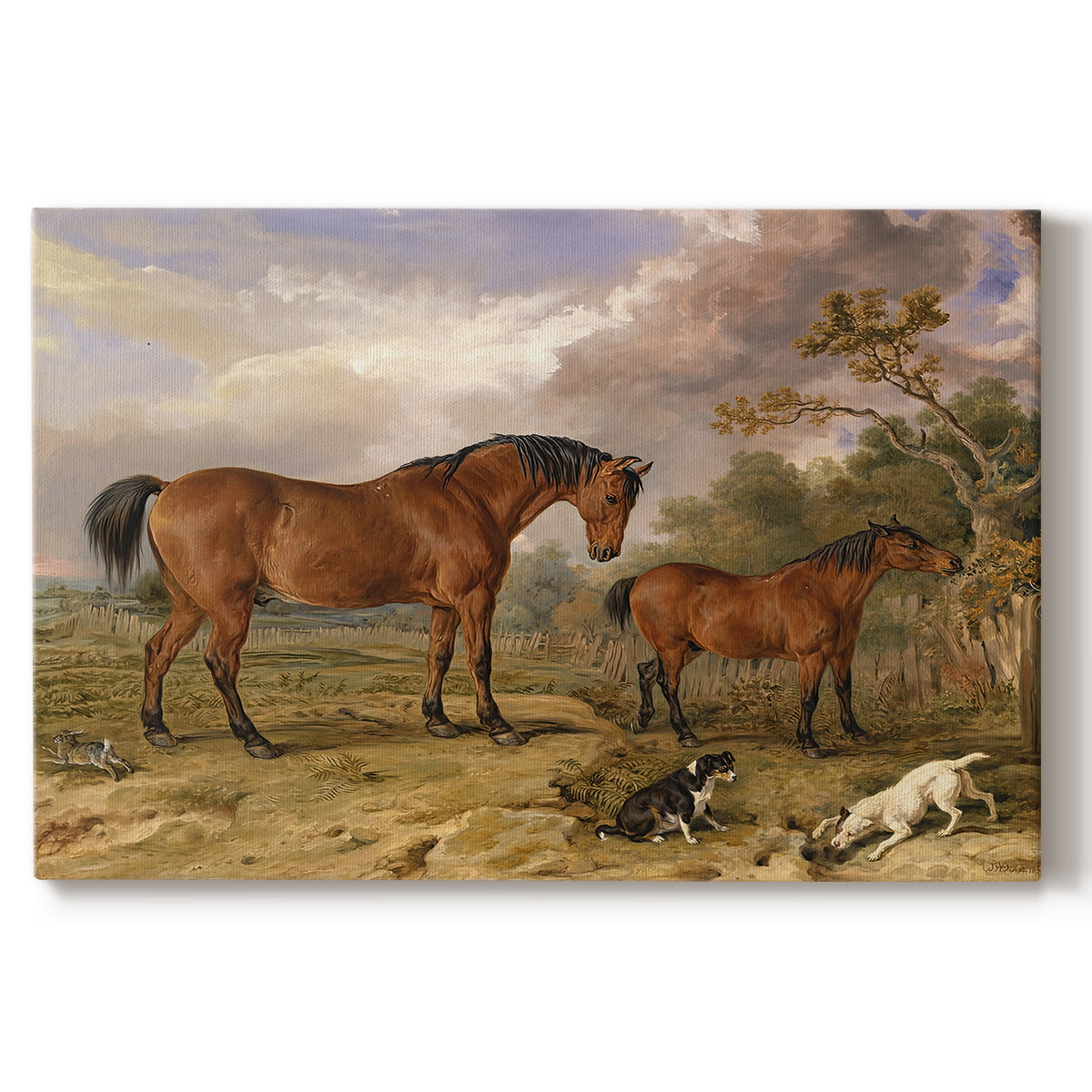 Canvas art print portraying a group of horses gathered together in landscape setting, set against a white background