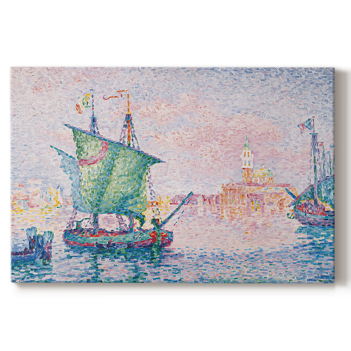 Canvas art print portraying a Venetian waterfront under pink sky, set against a white background