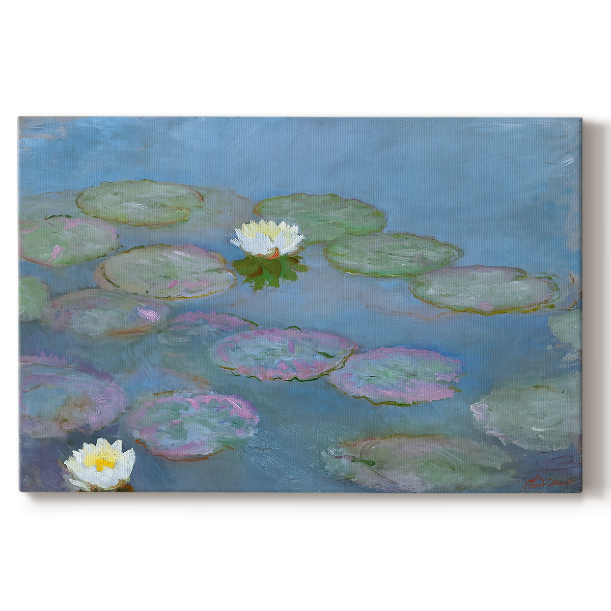 Canvas art print portraying floating water lilies on pond with reflections of sky and foliage, set against a white background