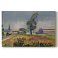 Canvas art print portraying a bridge spanning a river in a quiet landscape with trees and open sky, set against a white background