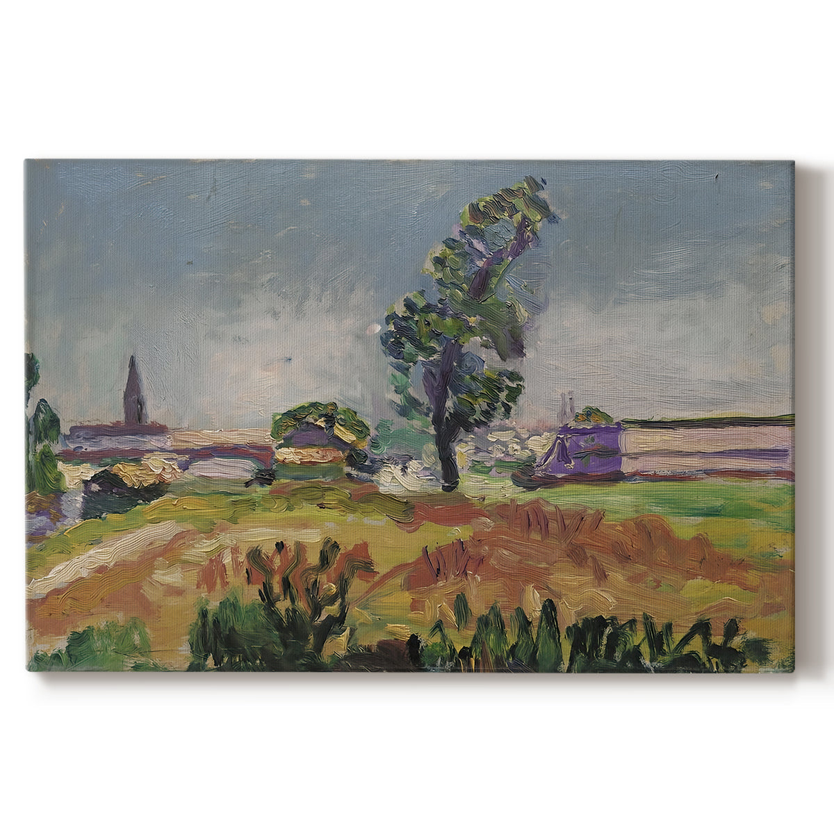 Canvas art print portraying a bridge spanning a river in a quiet landscape with trees and open sky, set against a white background
