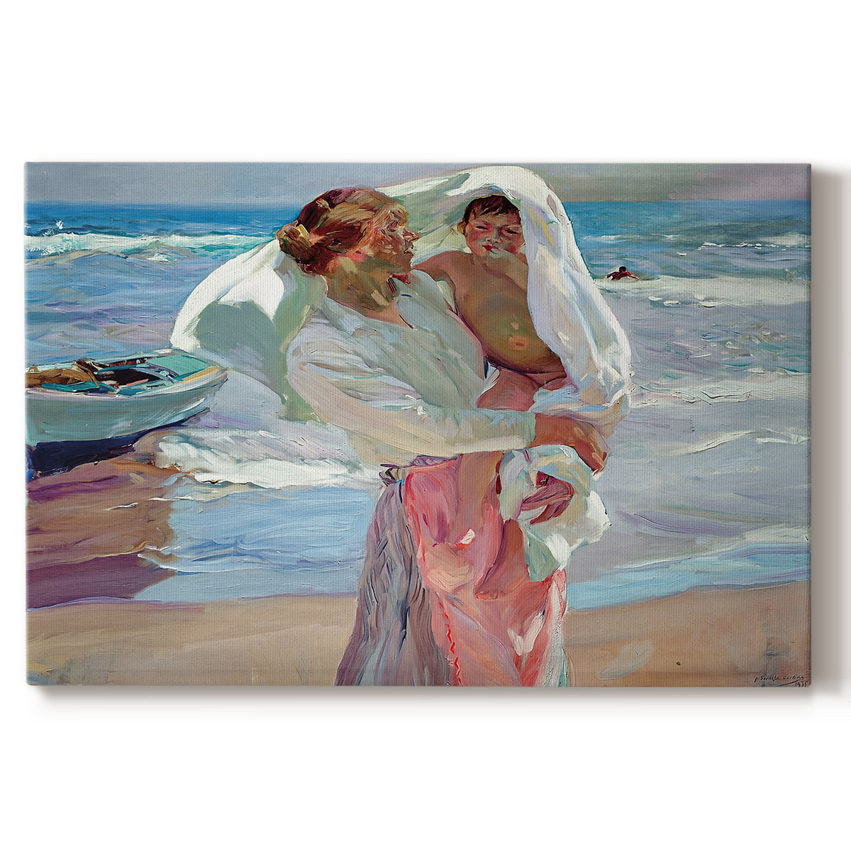 Canvas art print portraying figures standing on beach drying off after swimming in sunlight, set against a white background
