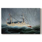 Canvas art print portraying a sailing ship tossed by large waves under dark stormy sky, set against a white background
