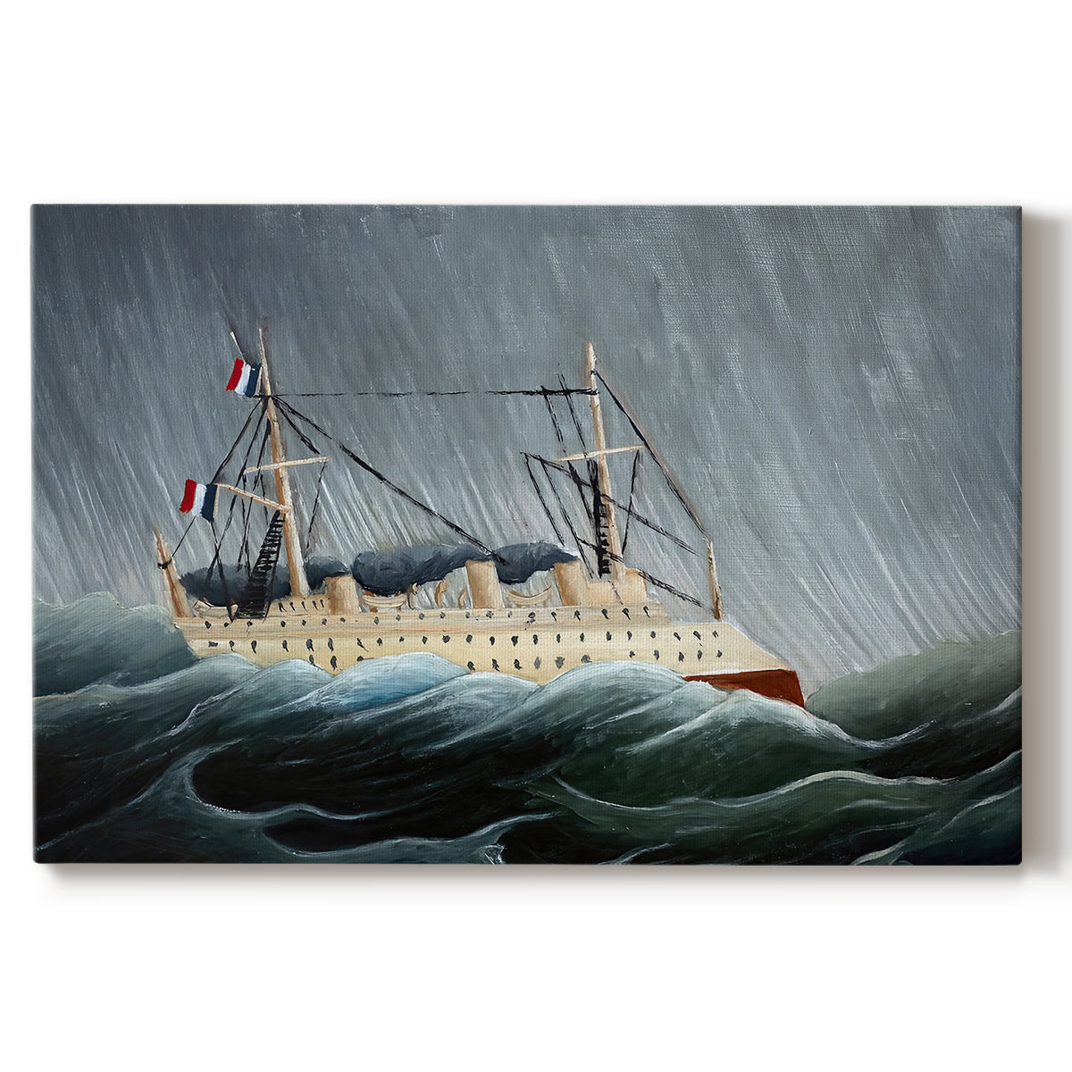 Canvas art print portraying a sailing ship tossed by large waves under dark stormy sky, set against a white background