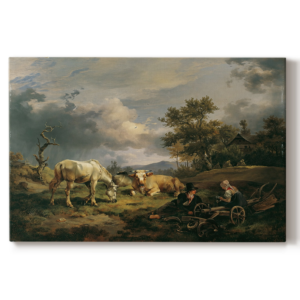 Canvas art print portraying a couple seated resting in open field, set against a white background