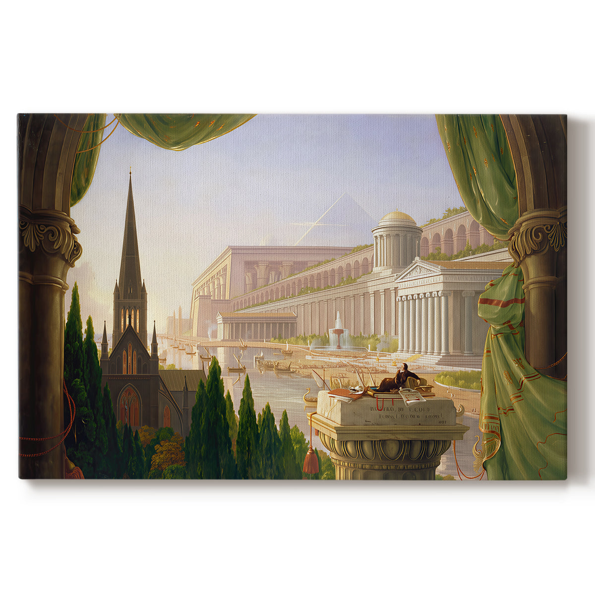 Canvas art print portraying a grand architectural fantasy with multiple historical structures in unified composition, set against a white background