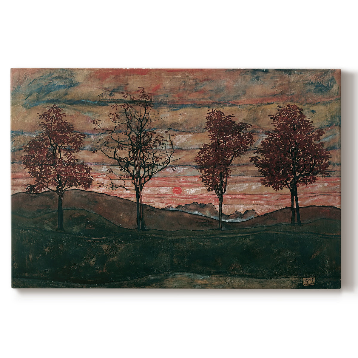 Canvas art print portraying four trees standing in open landscape against colorful sky, set against a white background