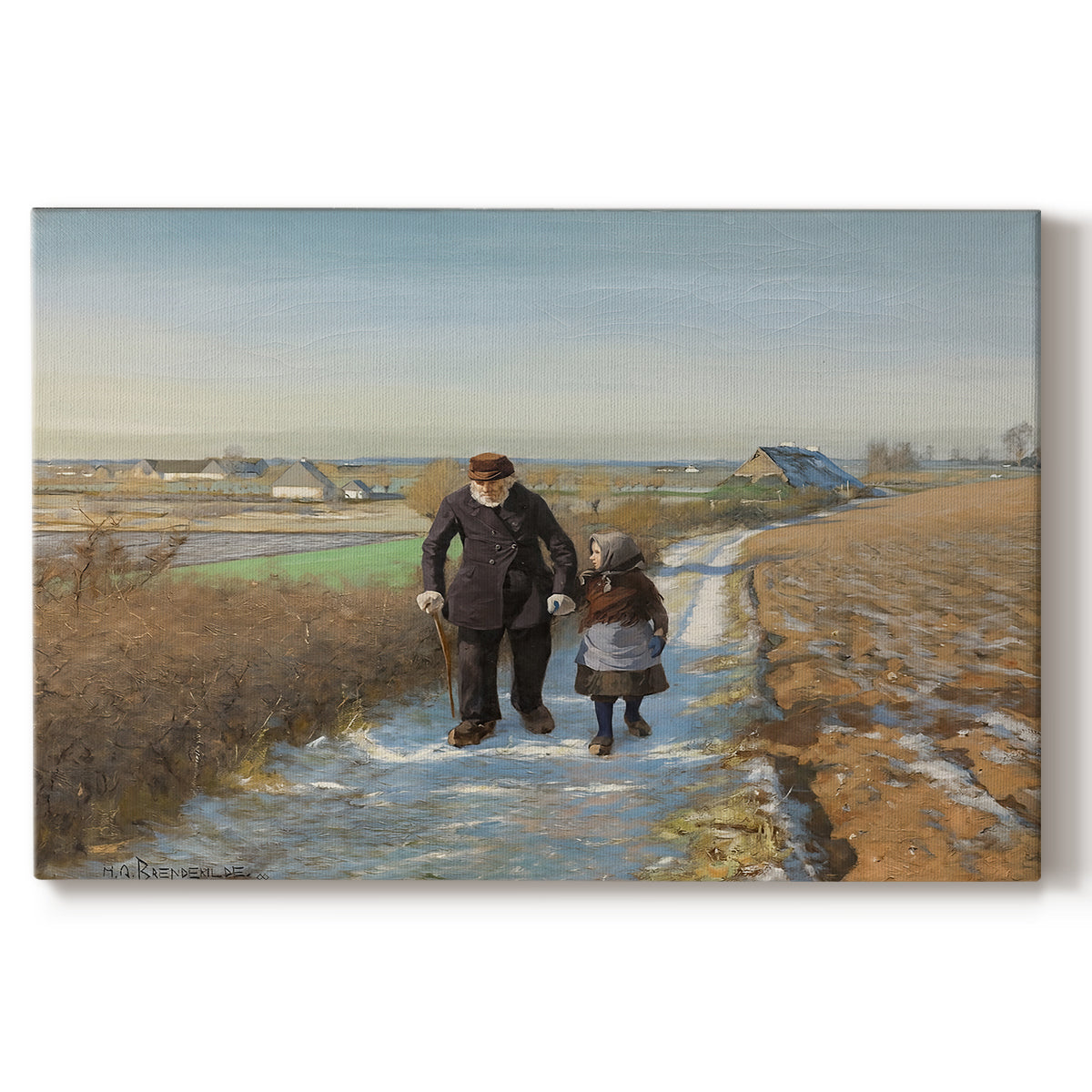 Canvas art print portraying an elderly man and child walking together along quiet rural path, set against a white background
